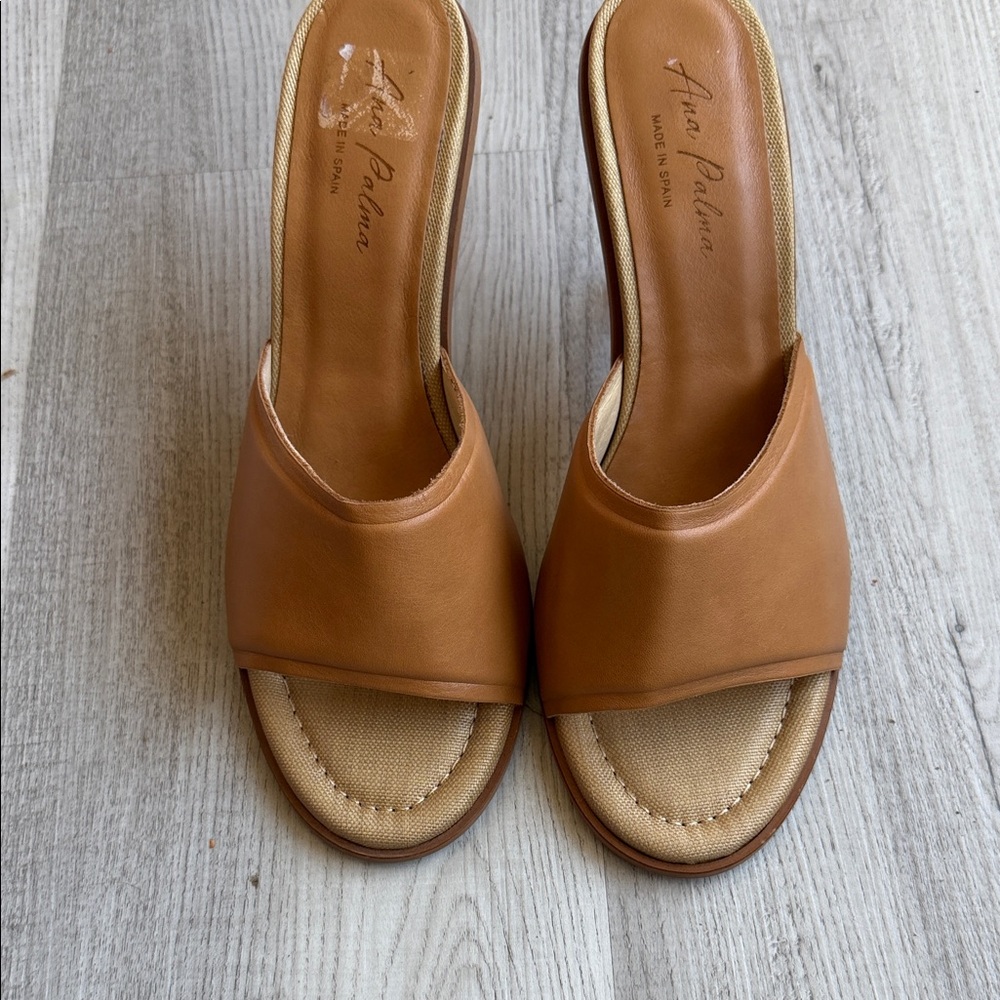 Ana Palma Spain Camel‎ Leather Mule Sandals Espadrille Style Slip On Women’s